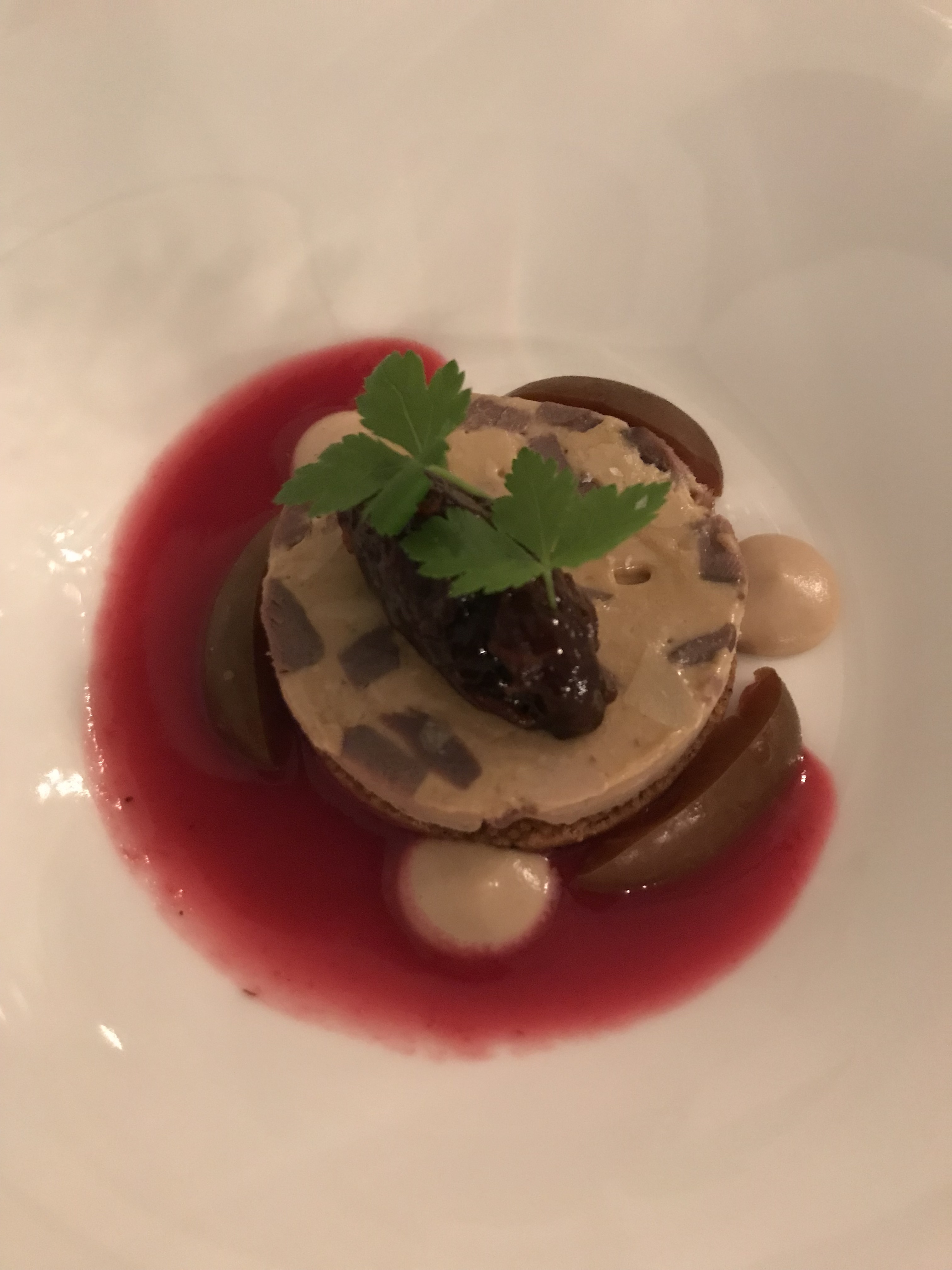 Duck liver pate in a red sauce on a white plate