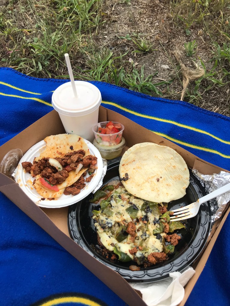 Tacos and drink with a straw on a blanket